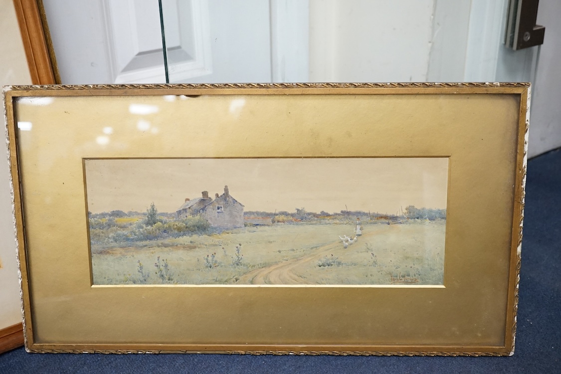 Harry E. James (act.1888-1902), watercolour, Woman with chickens in a landscape, signed, 12.5 x 35cm, gilt framed. Condition - fair